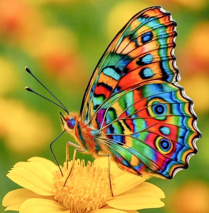 Brightly colored butterfly with intricate wing patterns perched on yellow flower