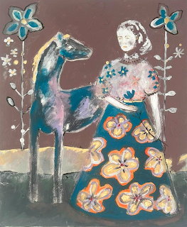 Folk art painting of woman in floral dress with blue horse and stylized flowers on brown background