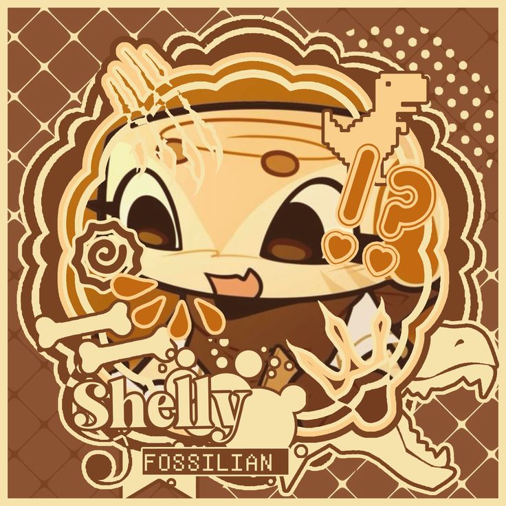 Brown and cream cartoon character badge with decorative shapes and the text Shelly Fossilian