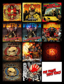 Grid collage of Five Finger Death Punch album covers with skulls, fists, and heavy metal artwork on black background