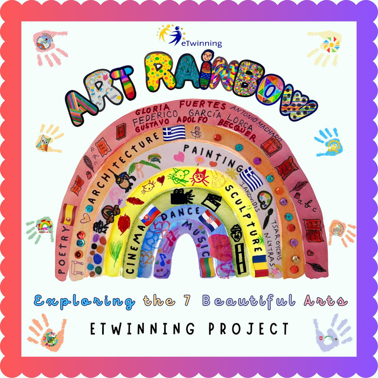 Colorful illustrated rainbow logo with art words, handprints, and project text on white