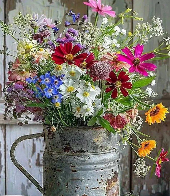 Vibrant wildflower arrangement in distressed metal pitcher on wooden backdrop