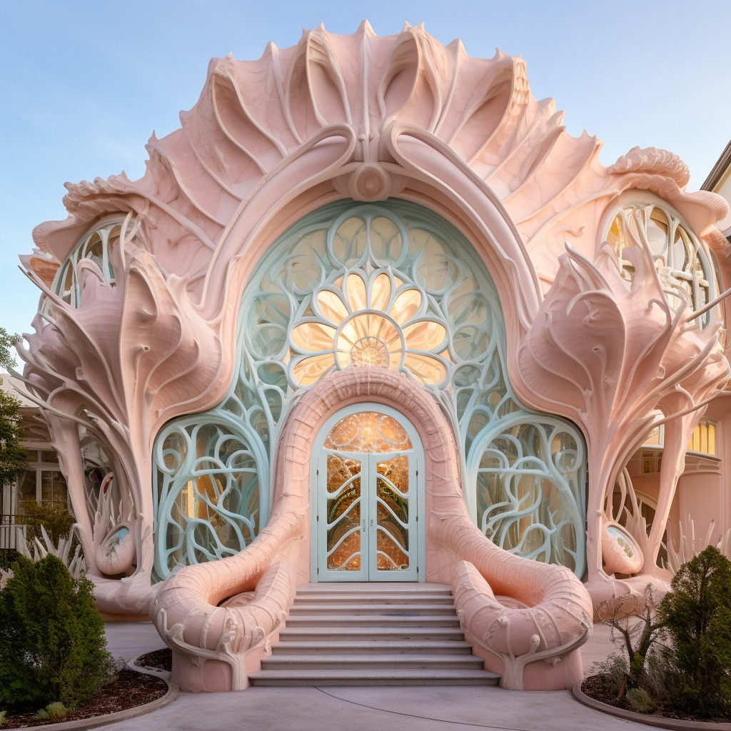 Ornate pink shell-shaped fantasy building with curved staircase and Art Nouveau decorations