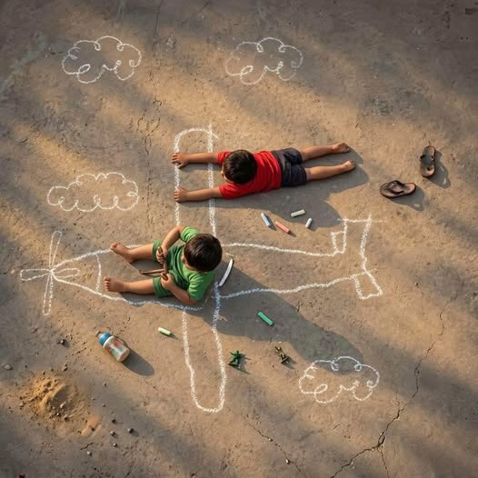 Two children lying on the ground beside a large chalk airplane drawing
