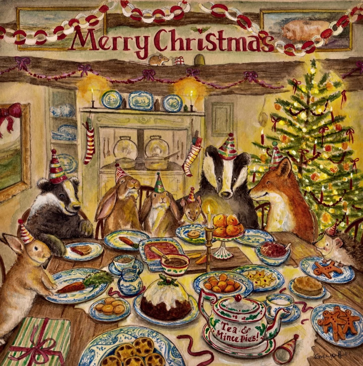 Naive art painting of badgers and foxes in party hats enjoying Christmas dinner around a table with festive food