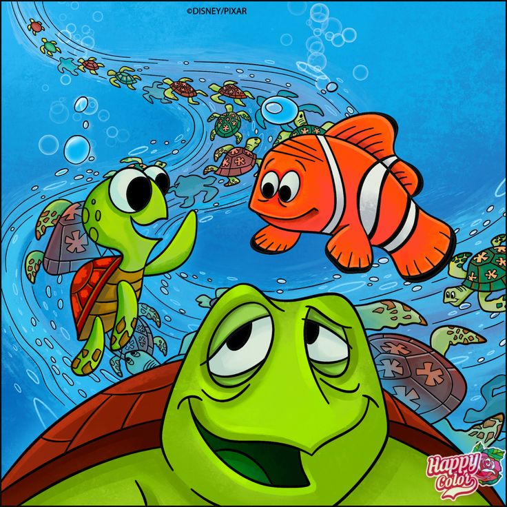 Cartoon sea turtles and orange clownfish swimming underwater with bubbles