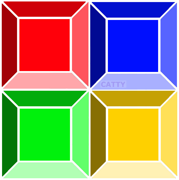 Four geometric squares with 3D frames in red, blue, green, and yellow