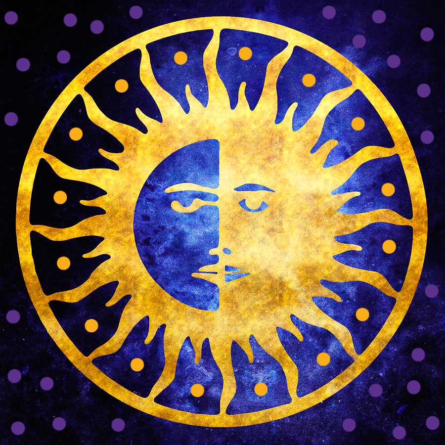 Gold sun and blue crescent moon symbol on a dark purple dotted background