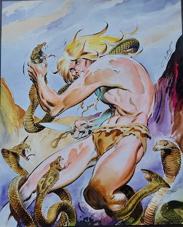 Painted illustration of muscular man in animal hide fighting coiled serpents against blue sky