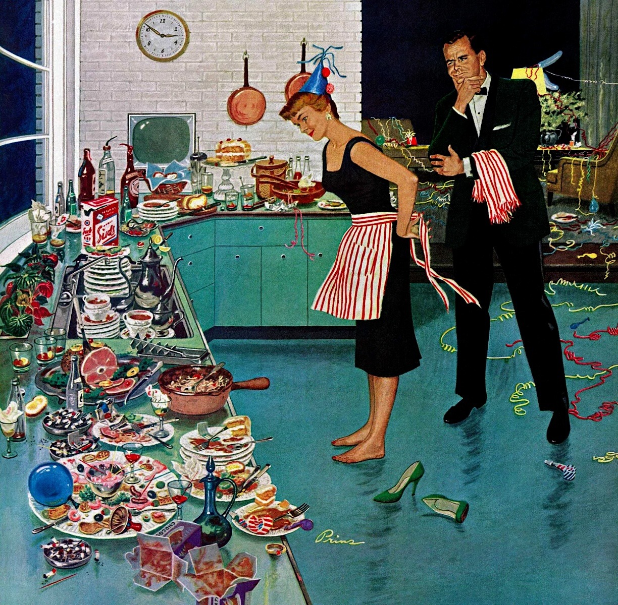 1950s couple in formal wear standing in messy kitchen after party with food and dishes everywhere
