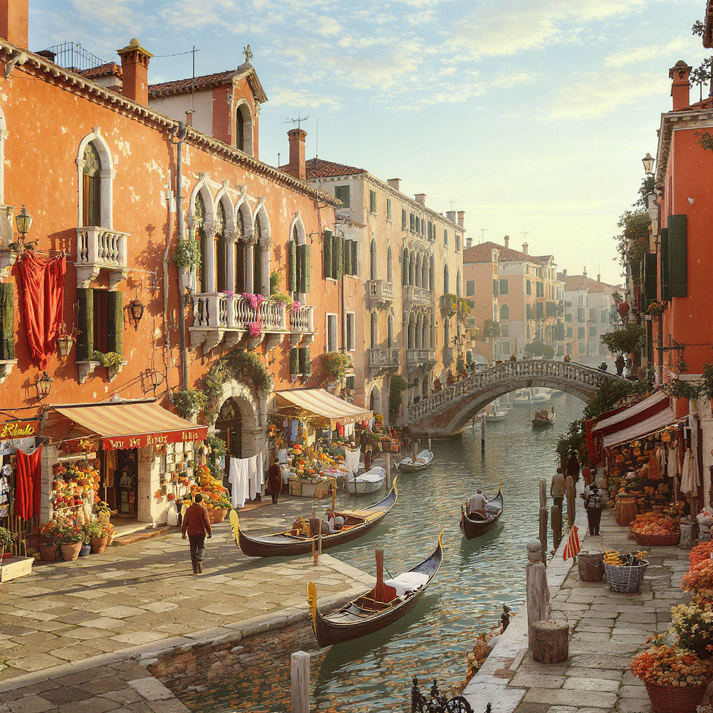 Venice canal with gondolas passing under bridge, lined by orange and cream colored buildings with people walking along waterfront