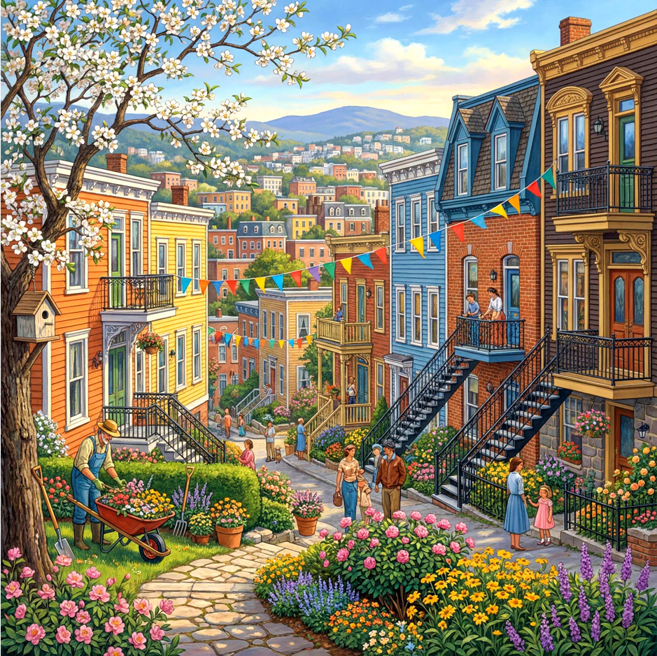 Colorful townhouses with spring flowers, garden paths, and flowering trees in a hillside neighborhood