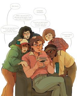 Illustration of five friends taking a group selfie with speech bubbles above them