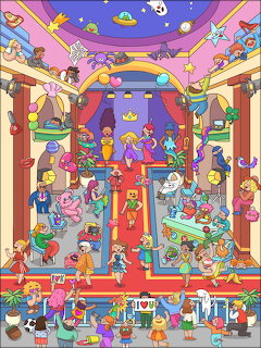 Cartoon toy store with multiple floors, colorful shelves, characters shopping, and fantasy elements throughout
