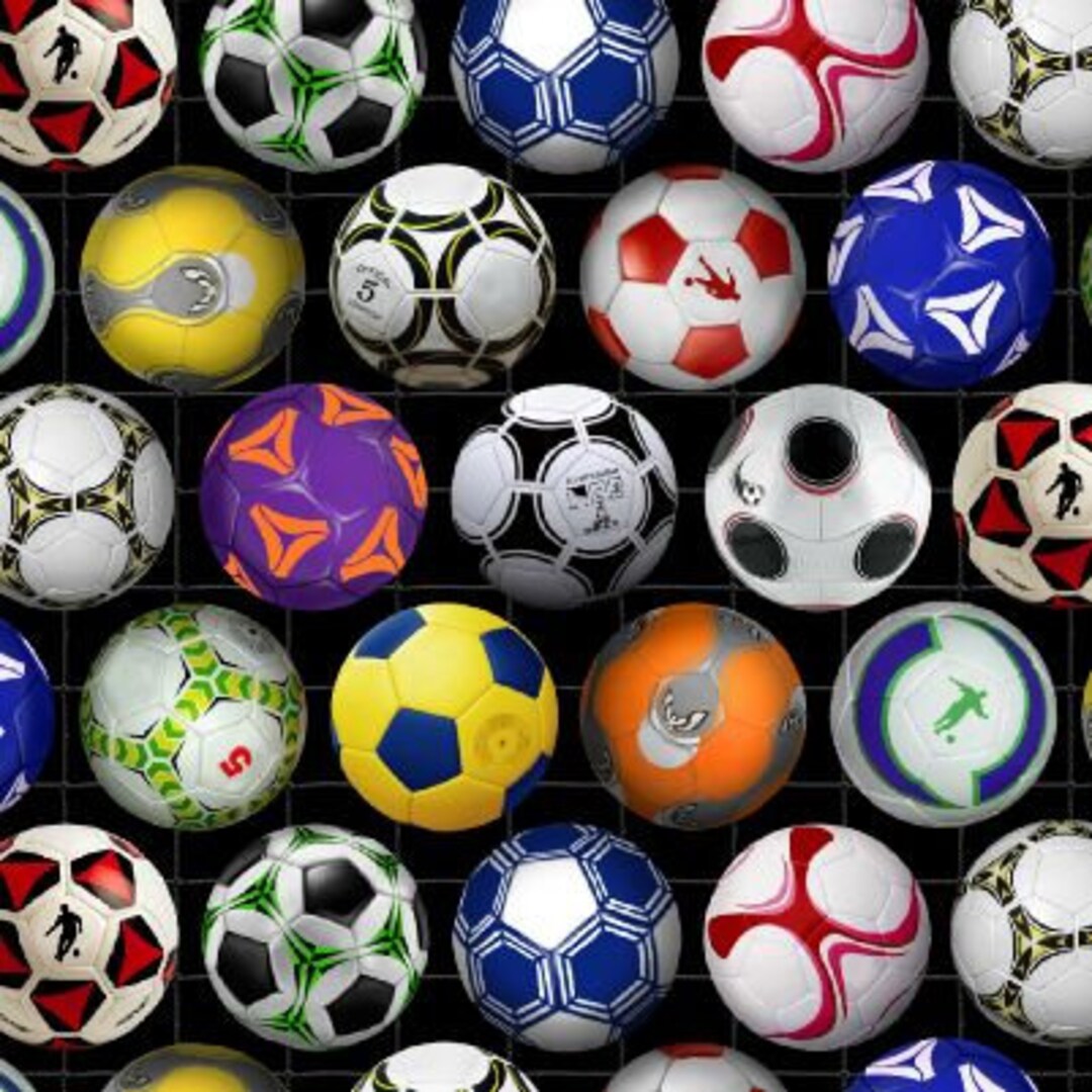Many colorful soccer balls arranged in a tight pattern on a black background