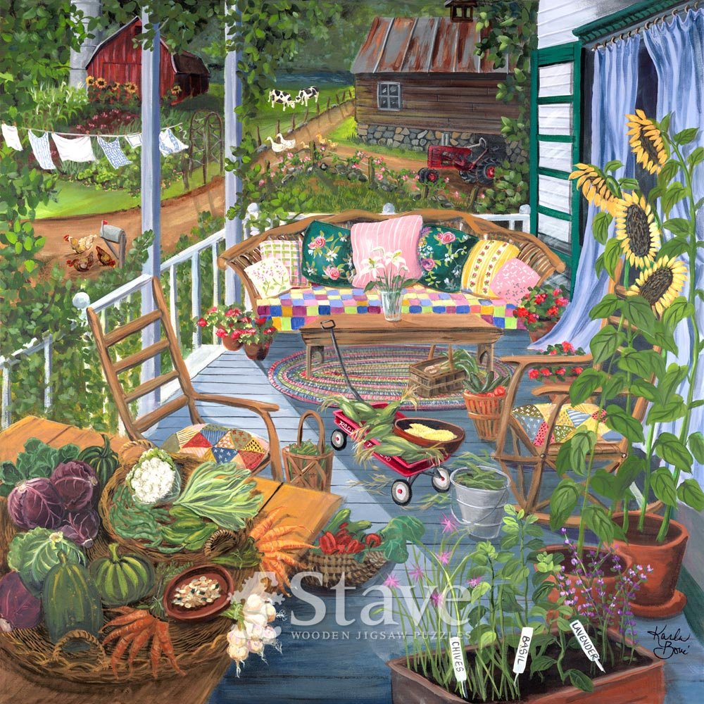 Illustrated garden patio with bench, vegetables, flowers, plants, and bird feeders
