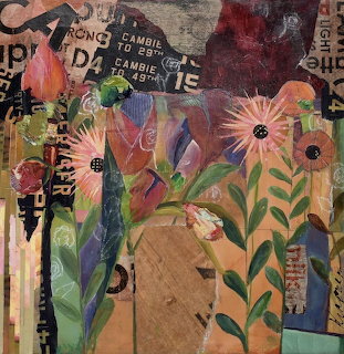 Mixed media collage with colorful painted flowers and botanical elements layered over text and patterned paper backgrounds