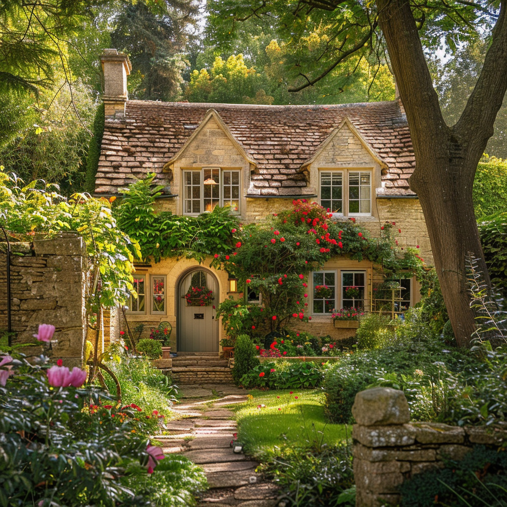 Stone cottage with arched door, windows, garden path, flowers, and trees in sunlit garden setting