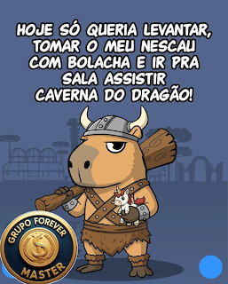 Cartoon capybara in viking armor holding a shield and axe, with Portuguese text and a gold master badge