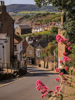 Steep village street with stone cottages, pink flowers, and green hills in the background