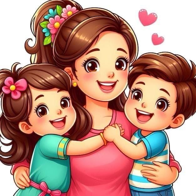 Cartoon mother embracing two cheerful children with flowers in hair and pink hearts