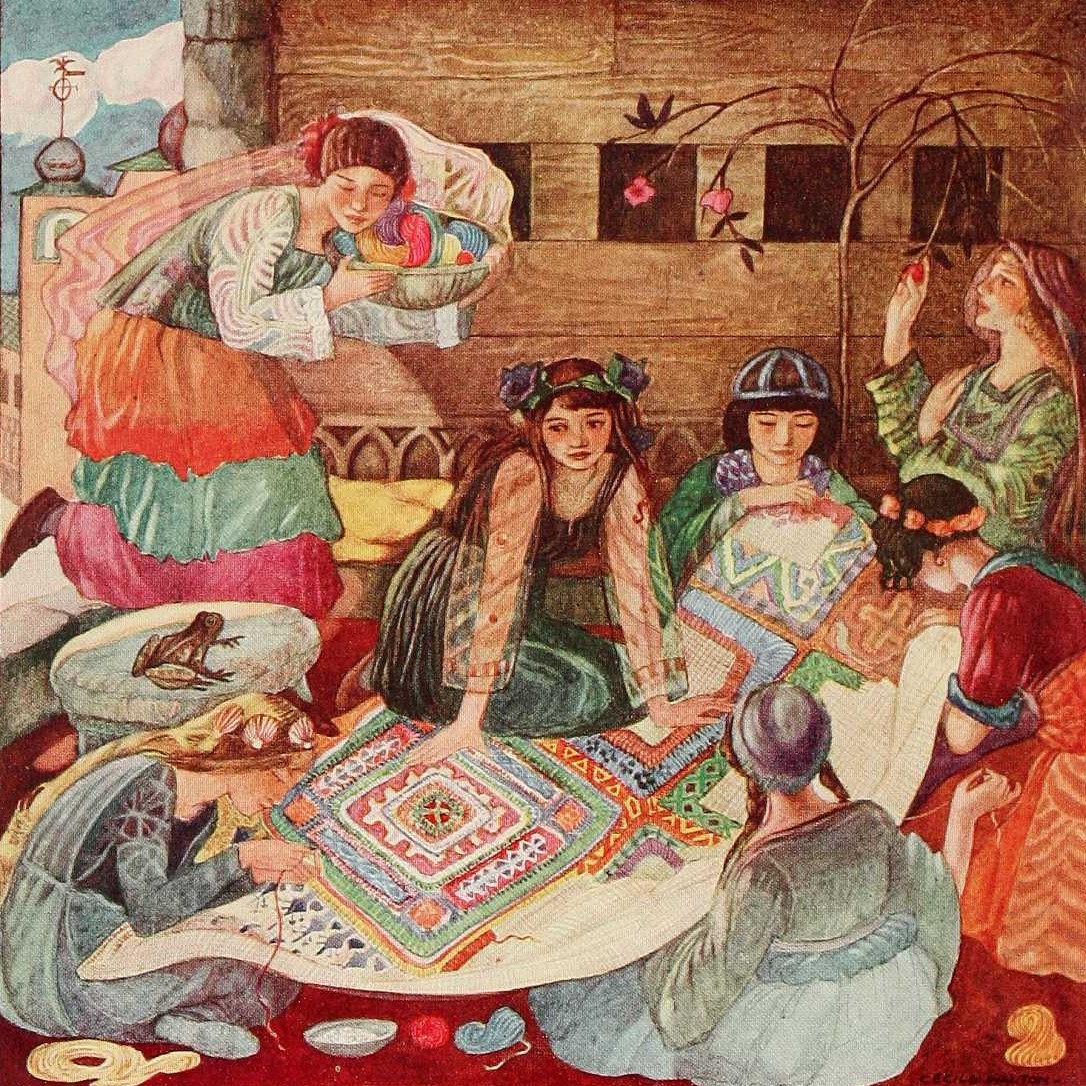 Fairy girls weaving an ornate carpet in a cozy cottage room with warm earth tones and colorful traditional clothing