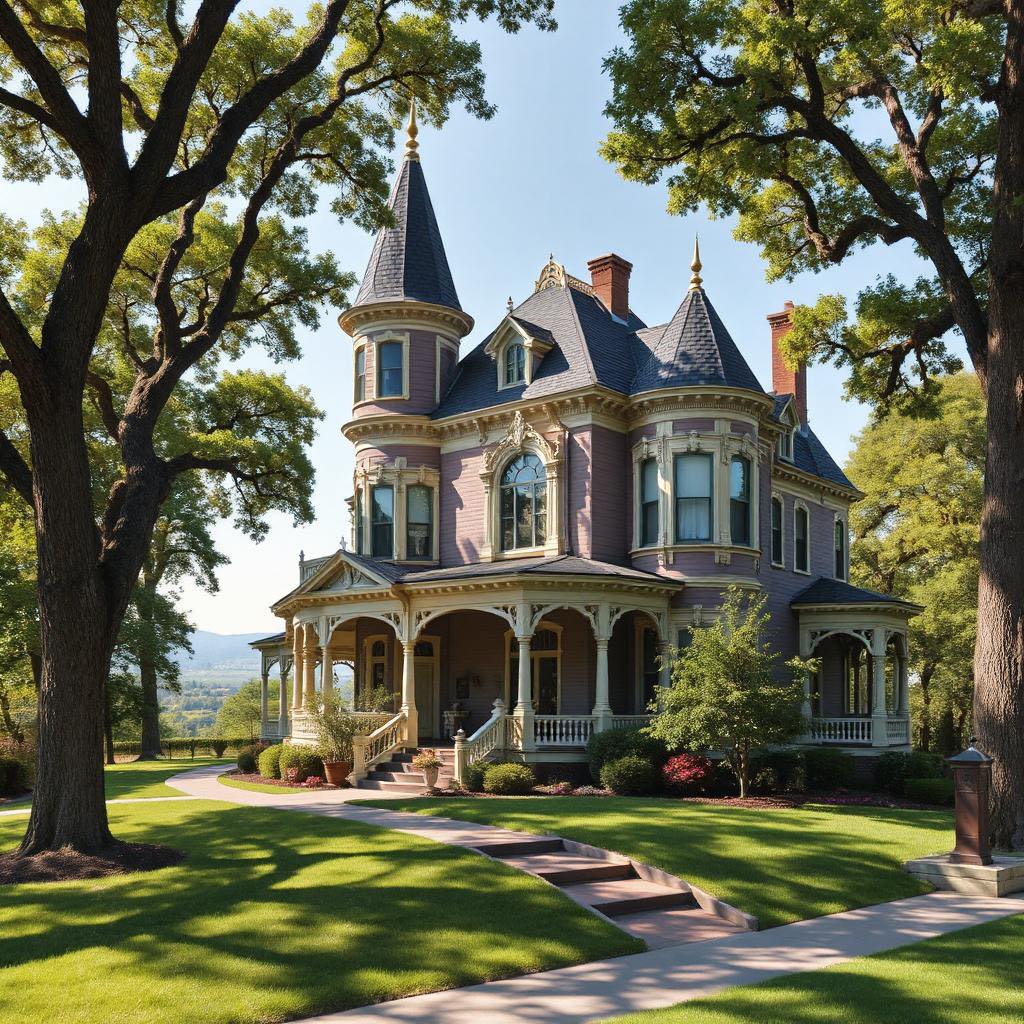Victorian house with turrets, porch, and large trees on a sunny green lawn