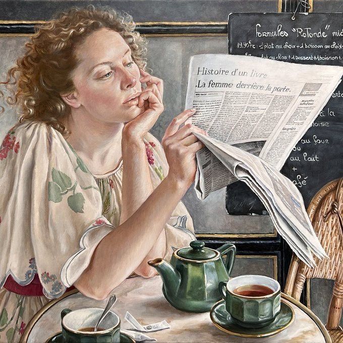 Painting of a woman at a cafe table reading a newspaper with a teapot and cup