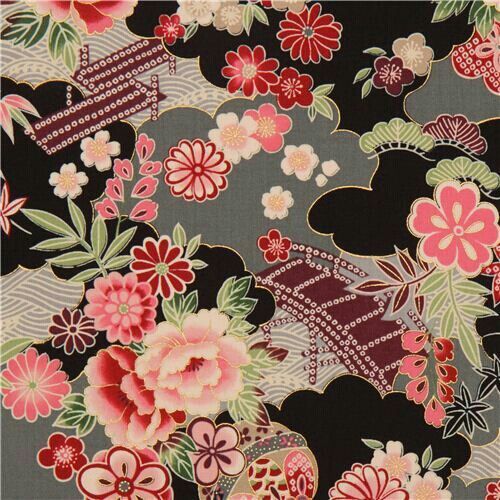 Japanese kimono fabric with floral motifs and decorative fans on black background