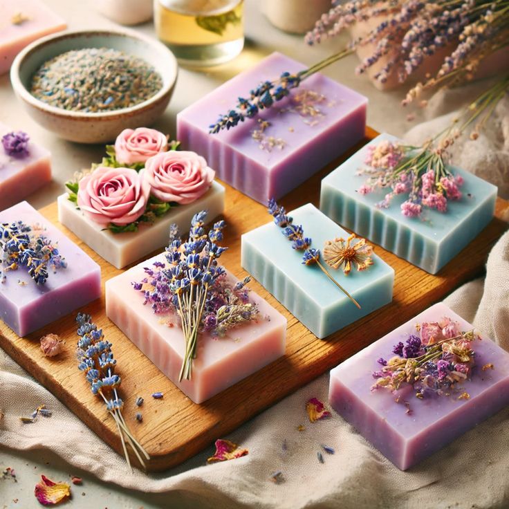 Colorful handmade soap bars decorated with lavender and roses on a wooden cutting board