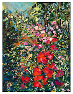 Impressionist painting of red and pink roses among dense green foliage with bold brushstrokes