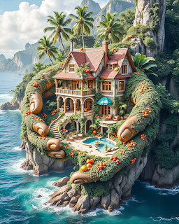 Surreal fantasy mansion sitting in giant moss-covered hands on rocky ocean cliffs with palm trees