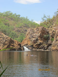 Small waterfall in a rocky gorge with a calm pool, trees, and a swimmer in the water