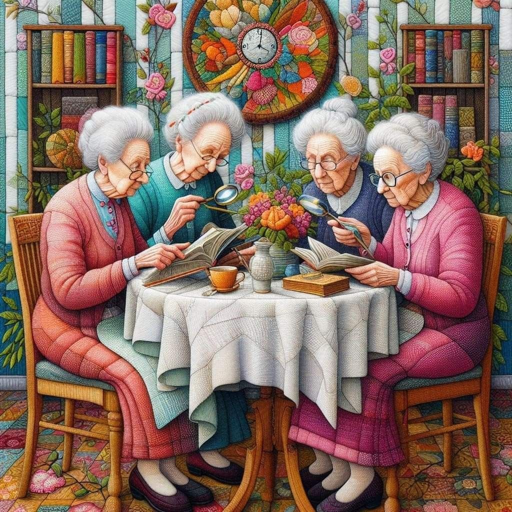 Four elderly women seated around a table having tea in a warmly decorated room with books and decorative window
