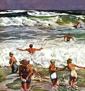 Vintage painting of children playing in ocean waves at the beach