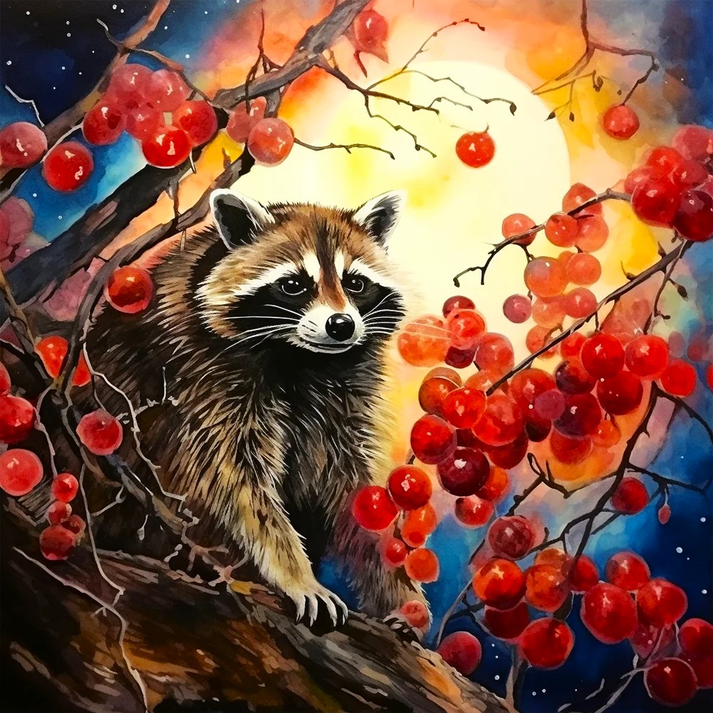 Raccoon sitting on branch surrounded by red cherry berries at sunset