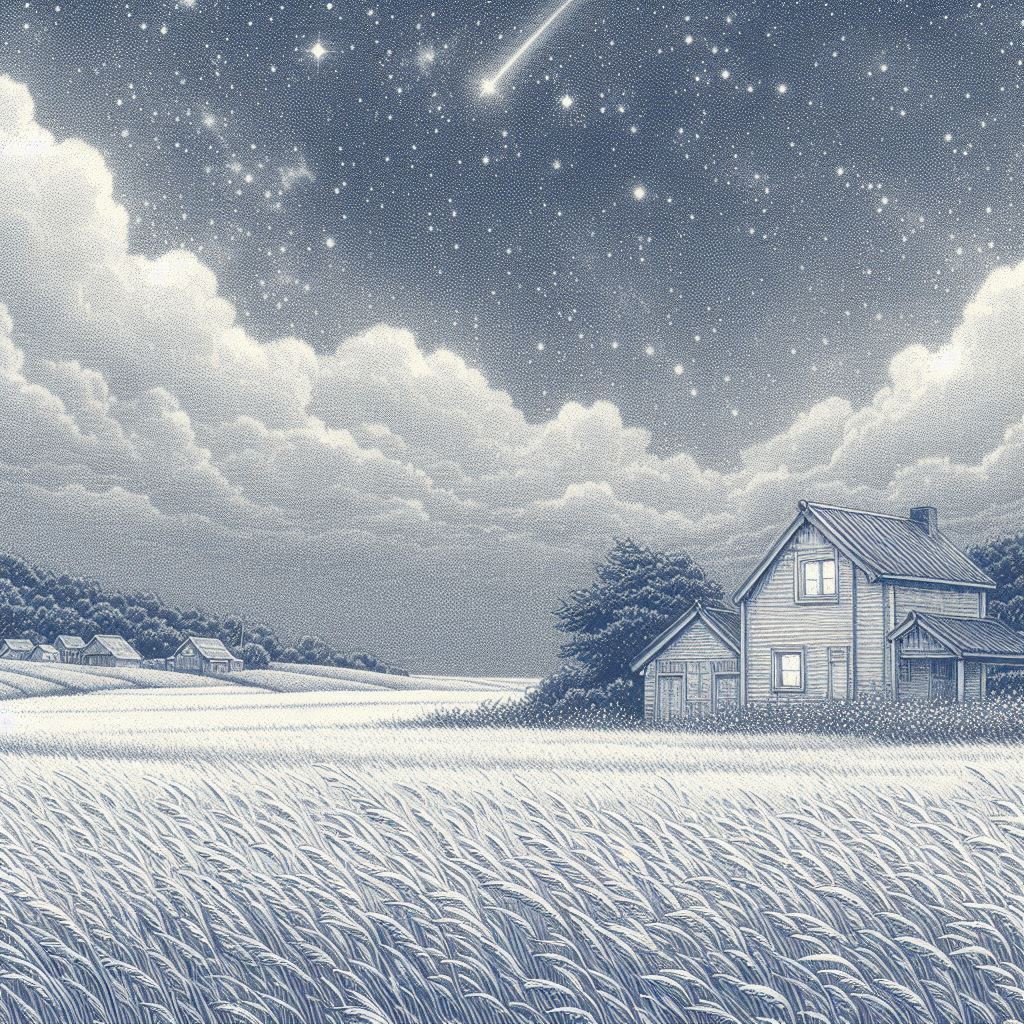 Farmhouse on snowy prairie field under starry night sky with shooting star and clouds