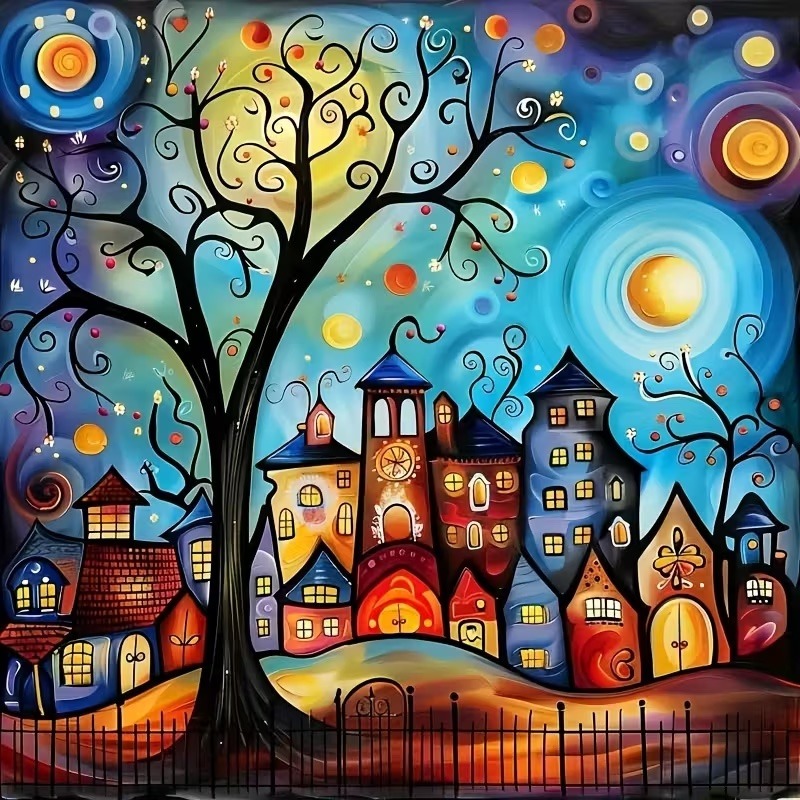 Whimsical Village Night Scene
