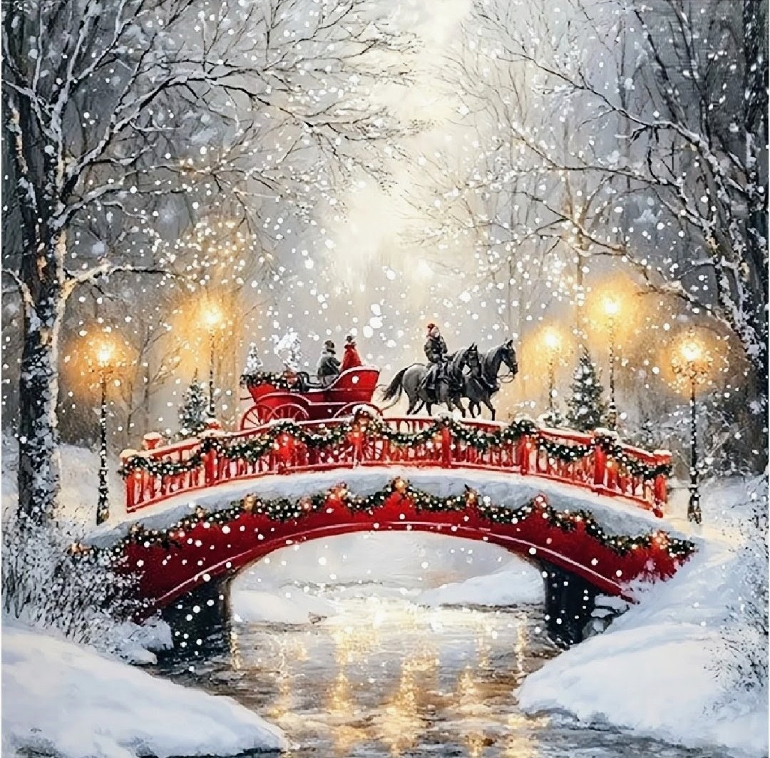 Snowy winter scene with a red bridge, horse-drawn sleigh, glowing lamps, and bare trees