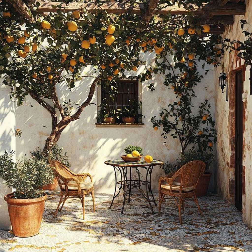 Sunlit patio with an orange tree, two wicker chairs, a small table, and a potted plant