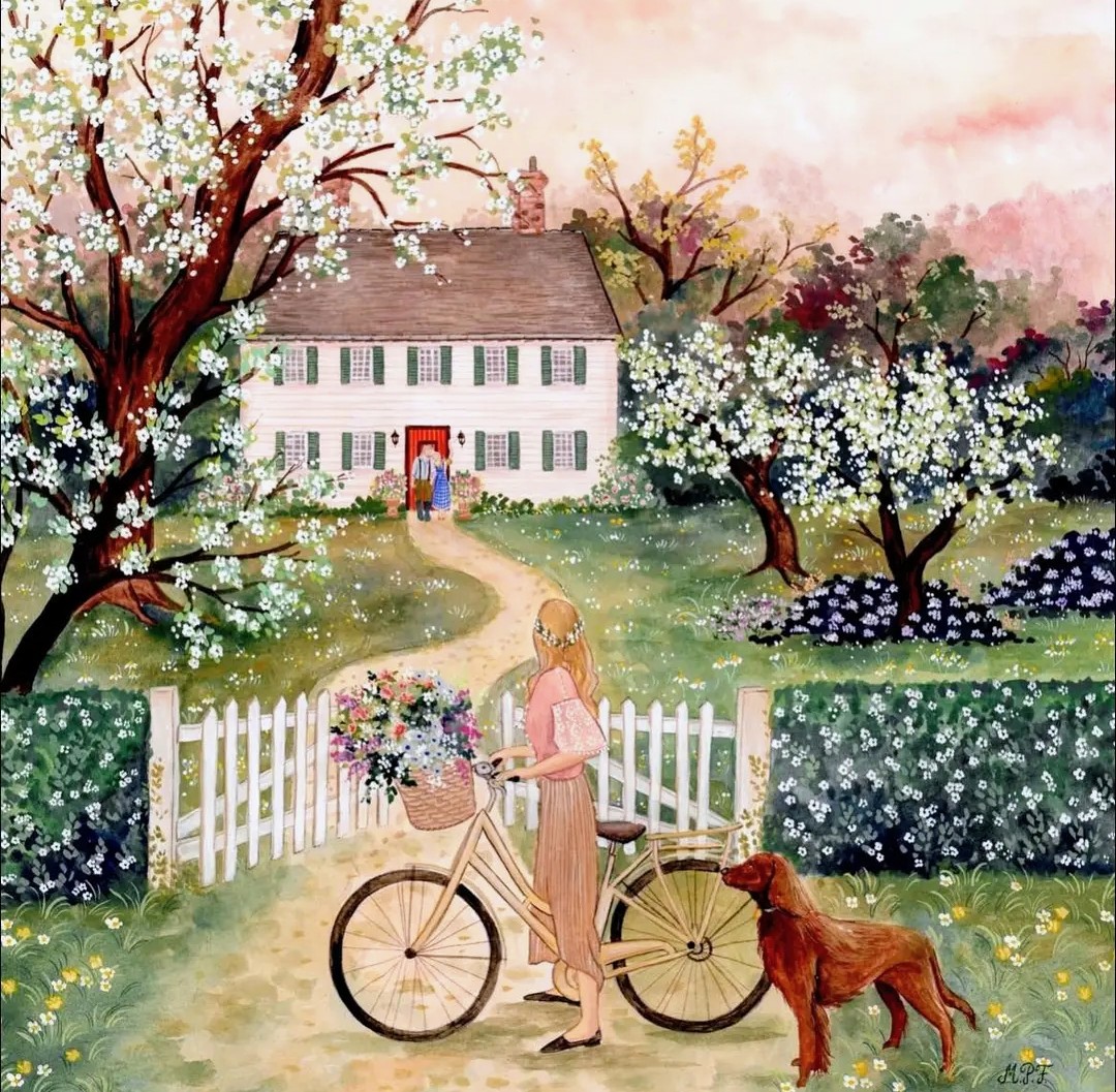Folk art painting of woman with bicycle and dog in blooming spring garden with white house