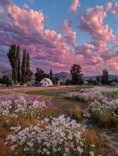White farmhouse by a wildflower meadow beneath pink sunset clouds and tall trees