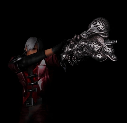 Video game character in red coat facing large armored demon boss against black background