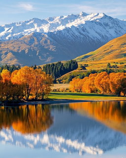 Snow-capped mountain range reflecting in calm lake with autumn trees and golden hills under blue sky