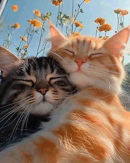 Orange tabby and grey tabby cat snuggling together with closed eyes among orange flowers