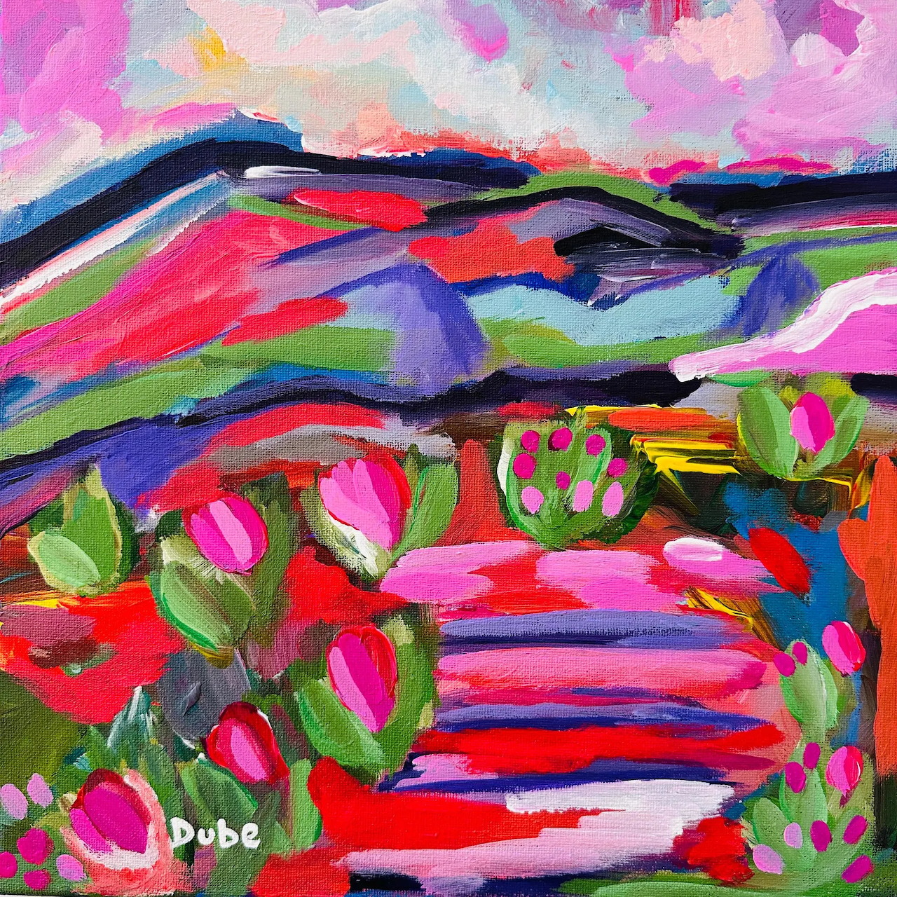 Colorful floral painting with pink flowers, purple mountains, and a bright sky