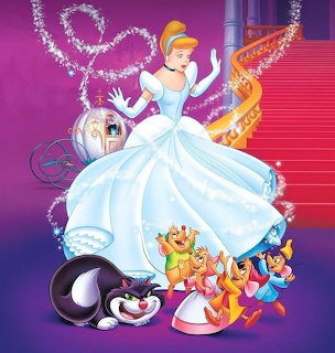 Cinderella in blue ball gown with magical elements, mice, pumpkin carriage, and sparkling wand on purple background