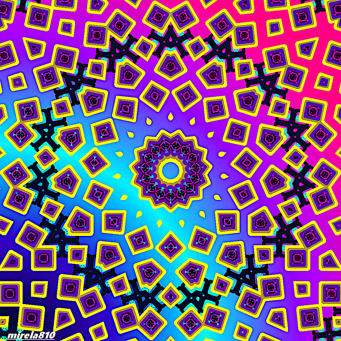 Colorful geometric mandala with symmetrical square patterns in pink, purple, blue, and yellow