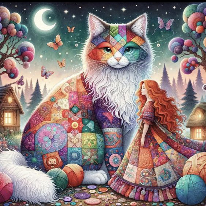 Vibrant fantasy cat with colorful patterns amid mushrooms, butterflies and magical forest scene with crescent moon