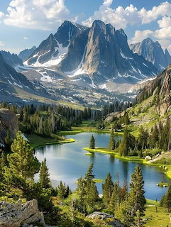 Jagged mountain peaks with snow above a blue alpine lake surrounded by green pine forests and meadows